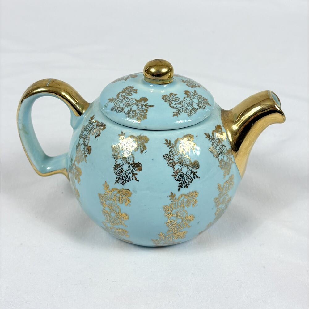 Vintage Hall MCM Blue & Gold Small Teapot Cottagecore